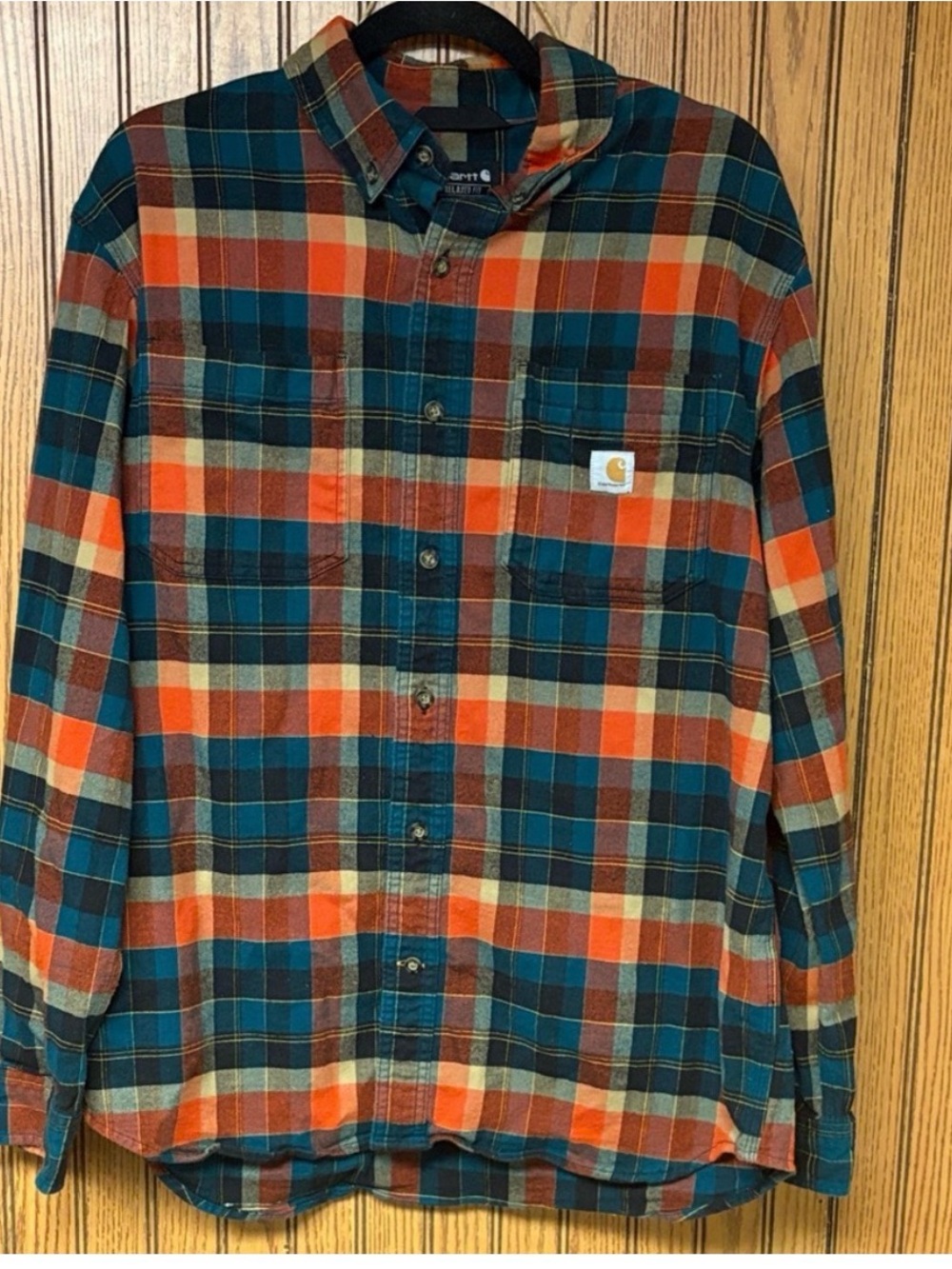 Carhartt Men’s Orange & Teal Plaid Flannel Shirt